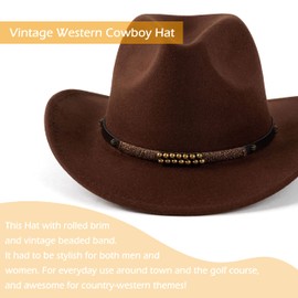 EOGIMI Western Cowboy Hats for Women Men Felt Wide Brim Panama Hat with Belt Buckle Bead Band-Coffee