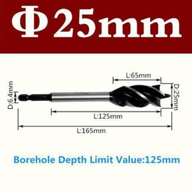 Okaywork Professional Wood Drill Bit 25 x 165 mm Auger Drill Self-Feed with 1/4 Inch Hex Shank Manual Woodworking Drill Four Slots Manual Round Hole Opener for Outdoor Use