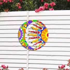 Akulgaci Metal Sun and Moon Wall Art Decor, 13" Large Mexican Talavera Style Sunface Garden Outdoor Indoor Hanging Decorations for Yard Patio Fence Living Room Home