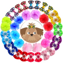 YOY 40pcs / 20 Pairs Adorable Grosgrain Ribbon Pet Dog Hair Bows with Rubber Bands - Puppy Topknot Cat Kitty Doggy Grooming Hair Accessories Bow Knots Headdress Flowers Set for Groomer