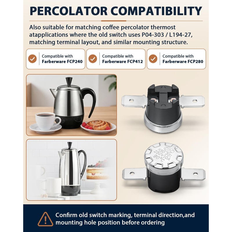 P04-303 Coffee Percolator Thermostat L194-27F 194°F, Copper