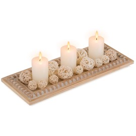 Hanobe Decorative Wood Candle Tray: Rustic Rectangle Beaded Centerpiece Table Decorations Farmhouse Long Narrow Tealight Candle Holders Plate for Dining Room Coffee Table Decor