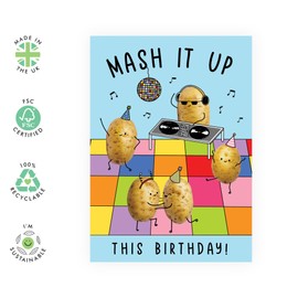 Potato Birthday Card – Mash It Up! – Quirky & Funny Disco-Themed Greeting for Food Lovers, Mashed Potato Fans, Boyfriend, Girlfriend, Friends, BFF, Besties, Brother, Sister -Comes with Fun Stickers