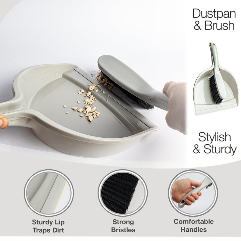 Grey Dustpan and Brush Set - Comfortable Grip Brush Handle