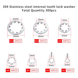 300 Pcs Internal Star Tooth Lock Washers, 304 Stainless Steel Starlock Washers, Quick Speed Push On Speed Clips Fasteners Locking Washers Assortment - M3/M4/M5/M6/M8/M10/M12