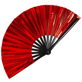 Shemboli Large Clack Hand Rave Fan Holographic Folding Popping Line Dance Fan Foldable Handheld Clacking Fans for Line Dancing Craft Rave Accessories for Festival Rainbow Outfits Party Club(Red)