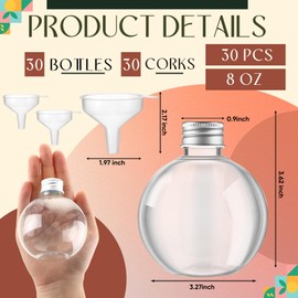 Jinei 30 Packs 8 oz Spherical Plastic Potion Bottles Ball Shape Sand Bottles Clear Plastic Cocktail Ornament Balls with Funnels for DIY Wedding Party Gift Crafts Decoration(Lid,Silver)
