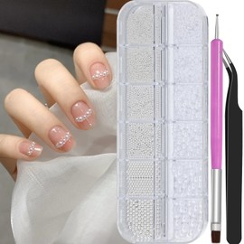 3D Metal Caviar Beads & Half Pearls Nail Art Kit,Silver Stainless Steel Mini Balls Charms,White Flatback Half Round Pearls with Tweezers and Brush for Nail Crafting DIY, Face Makeup (31-K1-4)