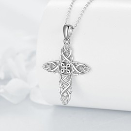 POPLYKE Celtic Cross Necklace Sterling Silver Witches Knot Infinity Pendant Religious Irish Jewelry for Women