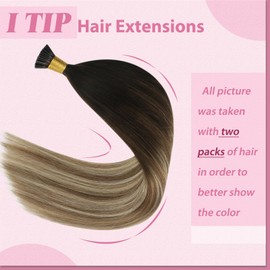 YoungSee I Tip Hair Extensions Balayage Human Hair I Tip Extensions Brown Balayage with Blonde I Tips Human Hair Extensions 16Inch Ombre Human Hair Extensions I Tip Cold Fusion Hair Extensions 80s/50g