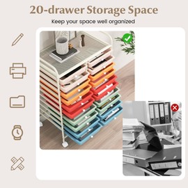 HOMGX Storage Cart with 20 Drawers, 20 Tier Multicolor Rolling Cart, File & Debris Storage Drawers on Lockable Wheels, Rolling Drawer Cart for Office/School/Home, Macaron