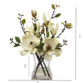 Nearly Natural 4534-WH Magnolia Arrangement with Vase,White