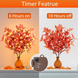 30 Inch Lighted Fall Maple Branches for Vase, 3Pcs Prelit Fall Branches with 60 LED Lights, 120 Leaves, Battery Operated with Timer Fall Stems for Autumn Thanksgiving Indoor Tabletop Decorations