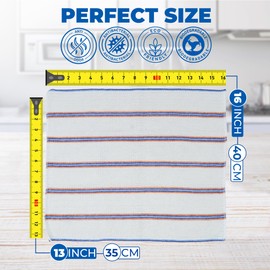 Towelogy TDC_50 Premium Cotton Dish Cloths for Washing Up Dishes Odor-Resistant– Large Size 35x40cm Soft & Absorbent Kitchen Dish Towels (15, White/Blue Stripes)