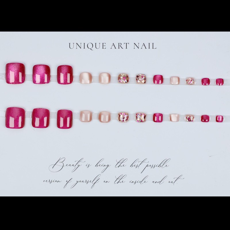 [ALLEVG]ネイルチップ 足用 24枚入 フットネイルチップ フットネイル 足用 マグネットネイルチップ 夏限定 パッションピンクのキャットアイ＆虹色ラメ足用付け爪 -