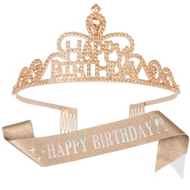 Koudindg Birthday Crown Adult Woman Birthday Girl Sash Tiara for Little Girls Princess Birthdays Party Decorations Champagne Crown Party Favors Adults 10th Birthdays Decorations for Girls