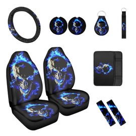 Suhoaziia 10 Pcs Blue Flame Skull Car Seat Covers Set, Seat Covers for Cars Steering Wheel Cover Auto Center Console Pad Shoulder Pads Cup Coasters Keychain Wrist Strap for Cars Trucks and SUVs