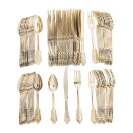 Bulk 96 Count Premium Ornate Gold Plastic Cutlery Sets