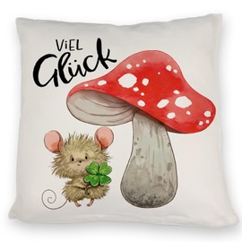 Mouse with Toadstool Cushion with Saying Viel Glück Watercolour Clover Mushroom - Lucky Charm for Health Greetings from Bed