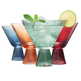 Khen Ribbed Colored Ribbed Stemless Martini Coupe Glasses - 4 Set - 11.5oz Ripple Vintage Cocktail Coupes Set, Unique Martini Glass, Classic Glassware, Bar Drinking Prefect For Wine, Champagne & Gift