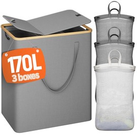 Raybee Furniture Laundry Basket with Lid, 160L-250L Laundry Hamper,2/3 Section Clothes Hamper, Hamper with Lid with Removable & Washable Bags Collapsible Hampers for Bedroom, Aesthetic for Bathroom - Color: Gray-170L