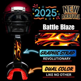 Oral Mart 2025 Football Mouth Guard (Battle Blaze) Dual-Color with Built-in Graphic Strap - Instant Fit (No Boil) - Youth Lip Guard Mouthguard Mouth Piece Pacifier - Football Mouthpiece for Braces
