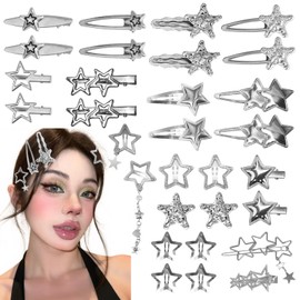 30PCS Y2K Silver Hair Clips Metal Star Barrettes 16 Shapes Punk Kawaii Hair Clips for Women 2000s Non Slip Hairpin Accessories for Girls