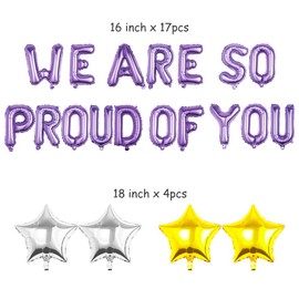 Pargleev We Are So Proud Of You Balloons with Star Hanging Foil Balloons Letter for 2025 Grad Graduation Retirement Party Decorations Purple