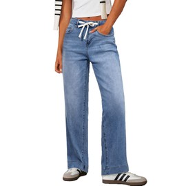 Sidefeel Women's Wide Leg Jeans High Waisted Stretchy Straight Baggy Drawstring Denim Pants Light Blue Size 16
