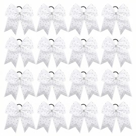 16PCS 8" Large Cheer Hair Bows Ponytail Holder, Rhinestones Cheerleader Bows with Elastic Band Hair Tie Handmade for Cheerleading Teen Girls College Sports (White)
