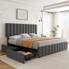GarveeHome Queen Linen Upholstered Platform Bed Frame with 4 Storage Drawers, Adjustable Headboard, Wooden Slats Support, No Box Spring Needed, Grey