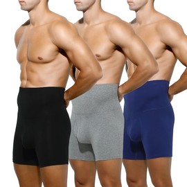 Arjen Kroos Men's Tummy Control Cotton Boxer Briefs High Waisted Compression Shapewear Underwear with Open Fly,ak2185-black/Dark Grey/Blue-3 Pack,Medium