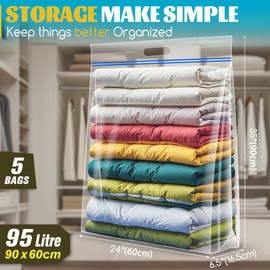 Ezybag 95 Litre Jumbo Storage Bags, Pack of 5 Resealable Clear Bags with Handle, Heavy Duty Storage Bags for Pillows Clothes Travel Moving