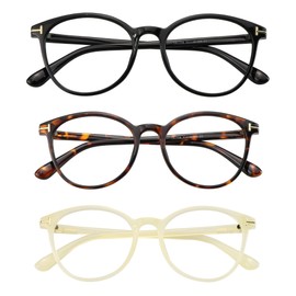 LAMBBAA Blue Light Blocking Glasses 3 Pack Round Frame Computer Gaming Eyewear for Men Women Anti Eyestrain & Glare Lightweight Eyeglasses(Black+Tortoise+Beige)