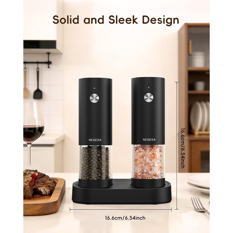 Electric Salt and Pepper Grinder Set, Rechargeable USB Base, Automatic