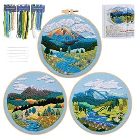 SwirlColor Embroidery Kits for Adults 3Sets, Excellent Embroidery Fabric Brilliant Embroidery Kit for Beginners with Embroidery Thread Embroidery Hoop - Landscape