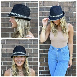 Funky Junque Women's Fashion Summer Fedora Hat Woven Short Brim Sun Hat UPF 50+ Adjustable - Black