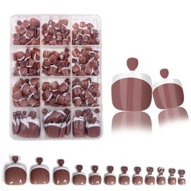 240Pcs White French Tip Press On Toenails Short Square Fake Toenails Coffe False Toenails With Design Brown Full Cover Acrylic Toenails Glossy Glue On Toenail for Women Manicure 12 Packs