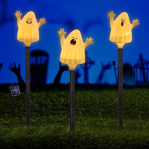White Ghost Halloween Solar Lights Outdoor, 3 Pack IP44 Waterproof Solar Powered LED Stake Lights for Garden, Lawn, Patio, Backyard, Party Decoration