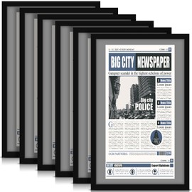 DoubleFill 6 Pcs 11x22 in Newspaper Frame with Mat Assorted Media Article Cover Frame with Hanging Hardware 14x24 in Newspaper Display Poster for Wall Decoration (Grey Mat)