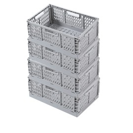 Ygapuzi Plastic Collapsible Crate Folding Storage Basket with Handle for Shelves Home Kitchen Classroom and Office Vanity Bathroom Organization Drawer Clapboard Partition (Gray-4pack)