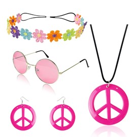 Hippie Costume Accessories, Set of 4 Hippie Accessories, Hippie Costume Accessories, Hippie Costume Set with Sunglasses, Peace Sign, Necklace, Earrings, Headband, Hippie Jewellery for Party, Carnival,