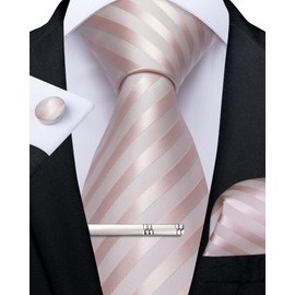 DiBanGu Men's Tie Set Silk Striped Checked Tie with Pocket Square Cufflinks Tie Clip Set for Wedding Formal, Pink Stripe