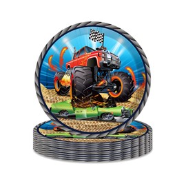 OXYLIPO 24 Pack 9" Monster Truck Dessert Paper Plates Off-road Car Round Disposable Dinner Tableware Set Party Plates Baby Shower Birthday Party Supplies