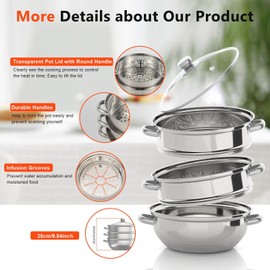 3-Tier Steamer for Cooking, 11 Inch Stainless Steel Steamer Pot with Tempered Glass Lid, Food Steamer Cooker Steam Pot Set Kitchen Cookware Rice Steamer, for Vegetable, Food, Seafood (3-Tier)