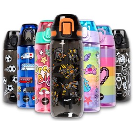 Fringoo - Dinosaur Robot - Kids Water Bottle with Straw - BPA Free Water Bottles - Black Straw Water Bottle - Reusable Water Bottle - 600 ml / 20 Oz