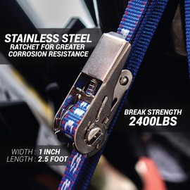 Stainless Boat Tie Down Straps to Trailer (Pack of 2) - 2,400lbs Break - 1" x 2.5’ Heavy Duty Ratchet Boat Straps UV Treated - Made in New Zealand