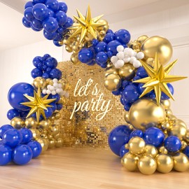141pcs Royal Blue and Gold Balloons Garland Arch Kit, Blue Gold White Balloons with Star Foil Balloons for Class of 2025 Graduation, Anniversary, Men’s Birthday Party Decorations