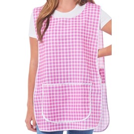 Ladies Check Design With Piping Tabard Apron Overalls Front Pocket Stylish Tabards for Women Casual Aprons for Women to Use in Home Kitchen Restaurants Coffee Shops UK Made (Pink, S)