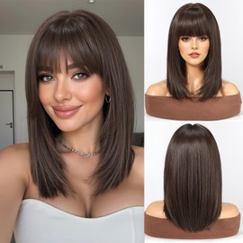HAIRCUBE Staright Wig with Bangs Synthetic Mid-length Layered Wigs for Women Dark Brown Color